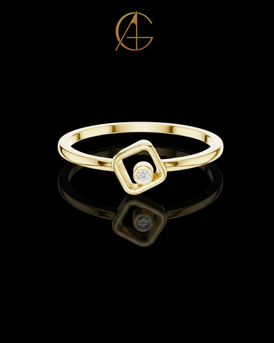 0.01 TCW Minimalist Gold Geometric Moissanite Diamond Round Ring with Modern Open-Square Design