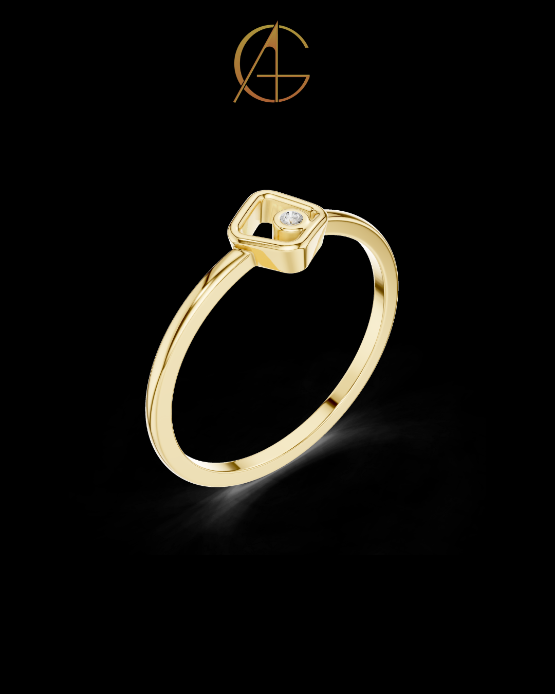 0.01 TCW Minimalist Gold Geometric Moissanite Diamond Round Ring with Modern Open-Square Design