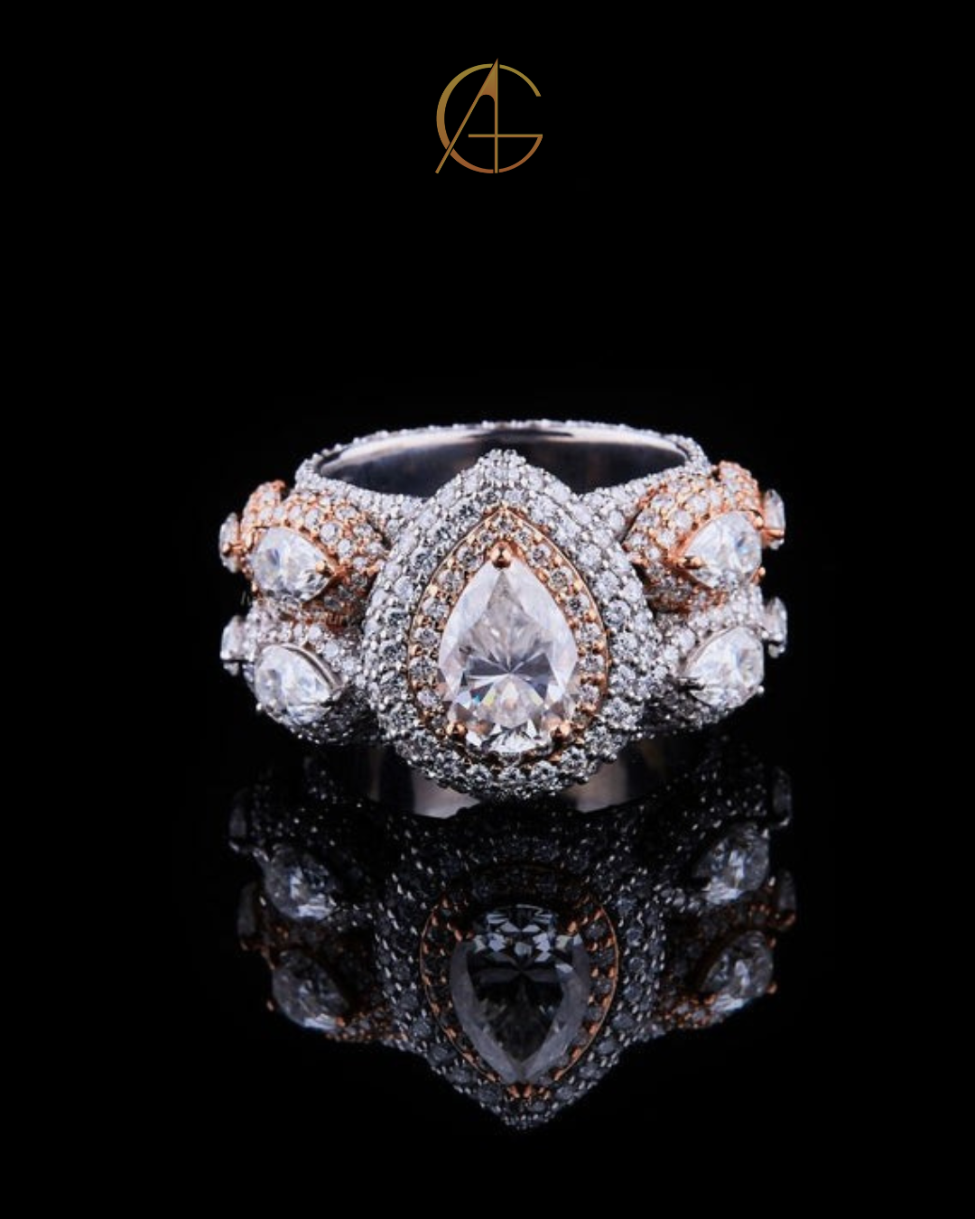 Full Hip Hop Pear Shape Moissanite Diamond Ring With ROund Cut and Marquise Diamond Ring by Auren gems.
