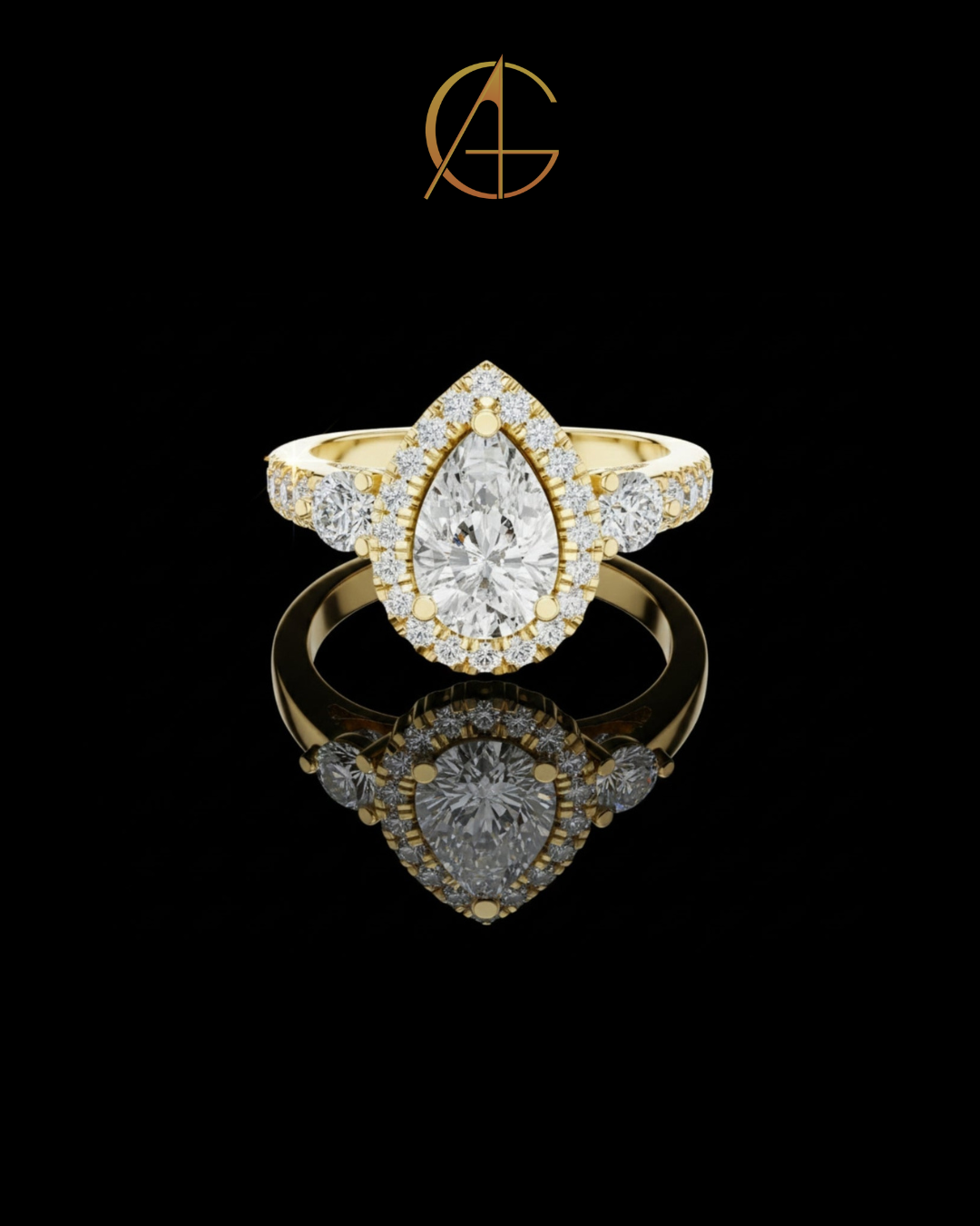 1.2 CT Exquisite Three Stone Pear Cut Moissanite Diamond Halo Ring with Round Side Stones Statement Ring