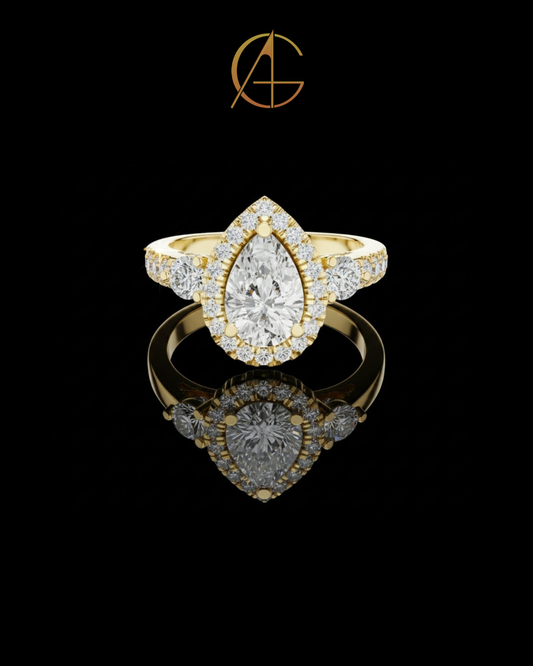 1.2 CT Exquisite Three Stone Pear Cut Moissanite Diamond Halo Ring with Round Side Stones Statement Ring