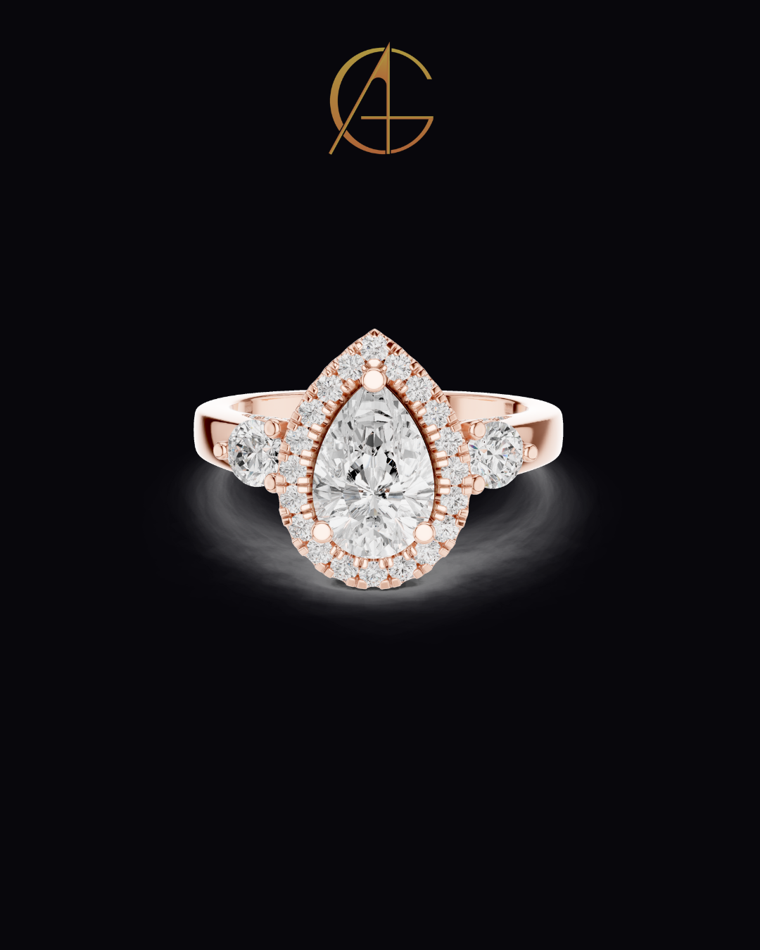 1.2 CT Exquisite Three Stone Pear Cut Moissanite Diamond Halo Ring with Round Side Stones Statement Ring