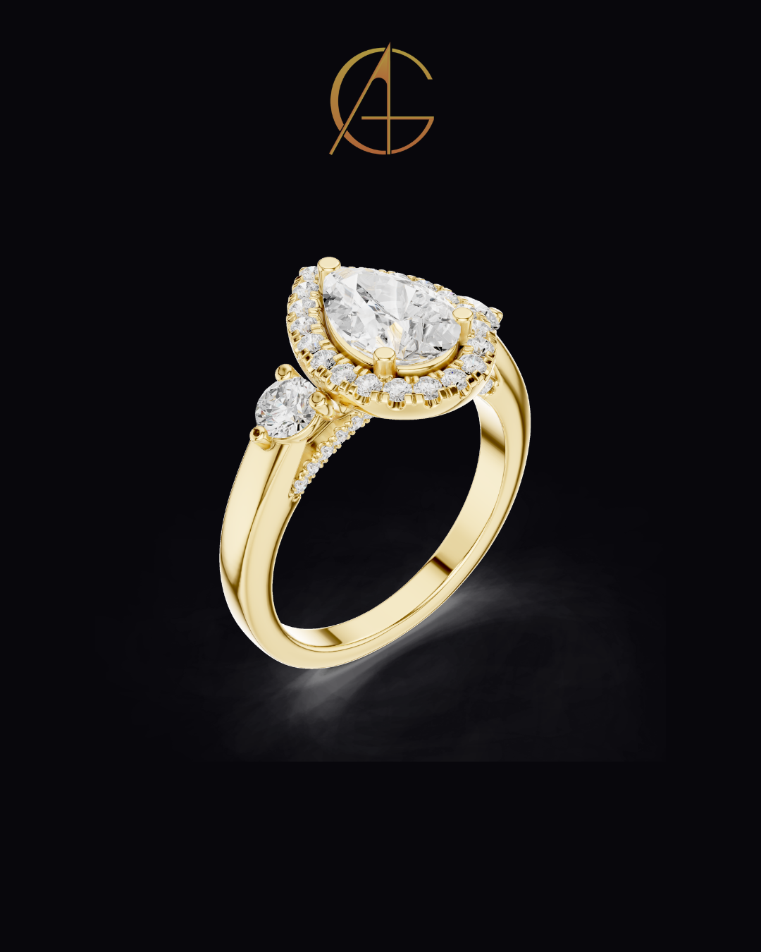 1.2 CT Exquisite Three Stone Pear Cut Moissanite Diamond Halo Ring with Round Side Stones Statement Ring