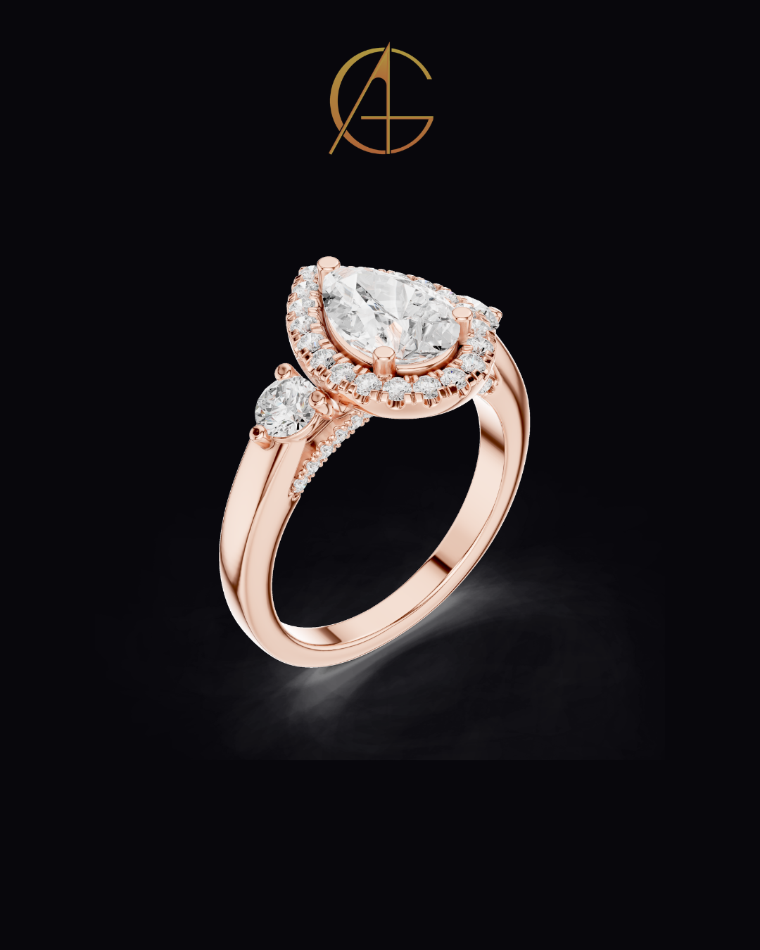 1.2 CT Exquisite Three Stone Pear Cut Moissanite Diamond Halo Ring with Round Side Stones Statement Ring