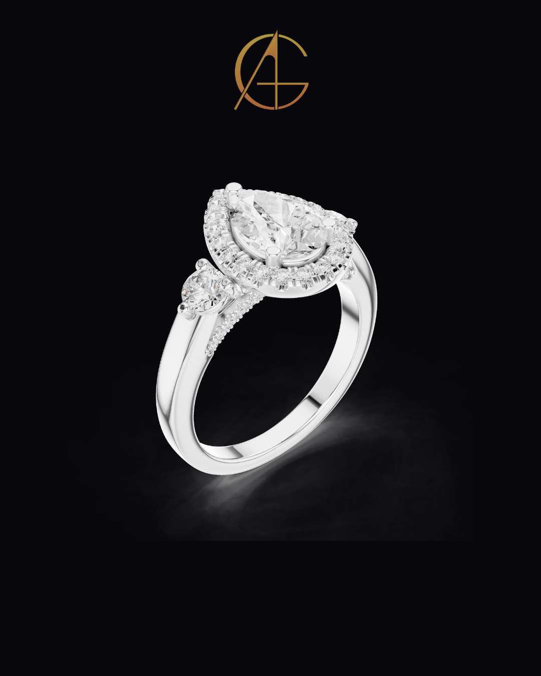 1.2 CT Exquisite Three Stone Pear Cut Moissanite Diamond Halo Ring with Round Side Stones Statement Ring