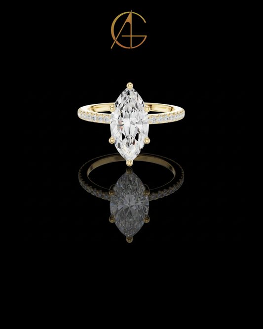 2.00 CT Elegant Marquise Cut Moissanite Diamond Solitaire Ring with Pave Set Gold Band