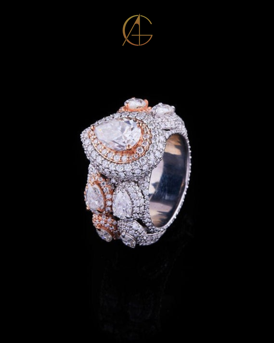 Full Hip Hop Pear Shape Moissanite Diamond Ring With ROund Cut and Marquise Diamond Ring by Auren gems.