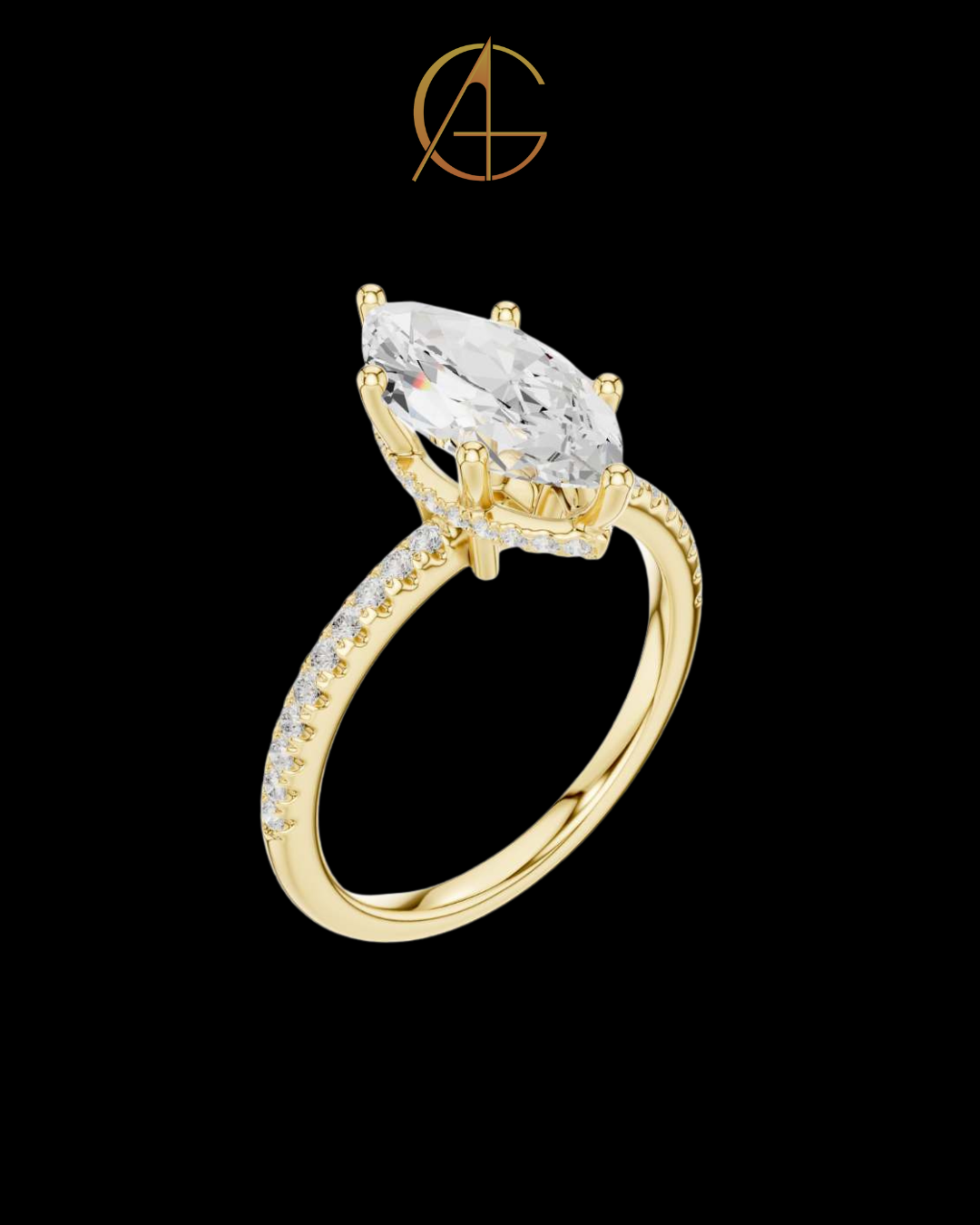2.00 CT Elegant Marquise Cut Moissanite Diamond Solitaire Ring with Pave Set Gold Band