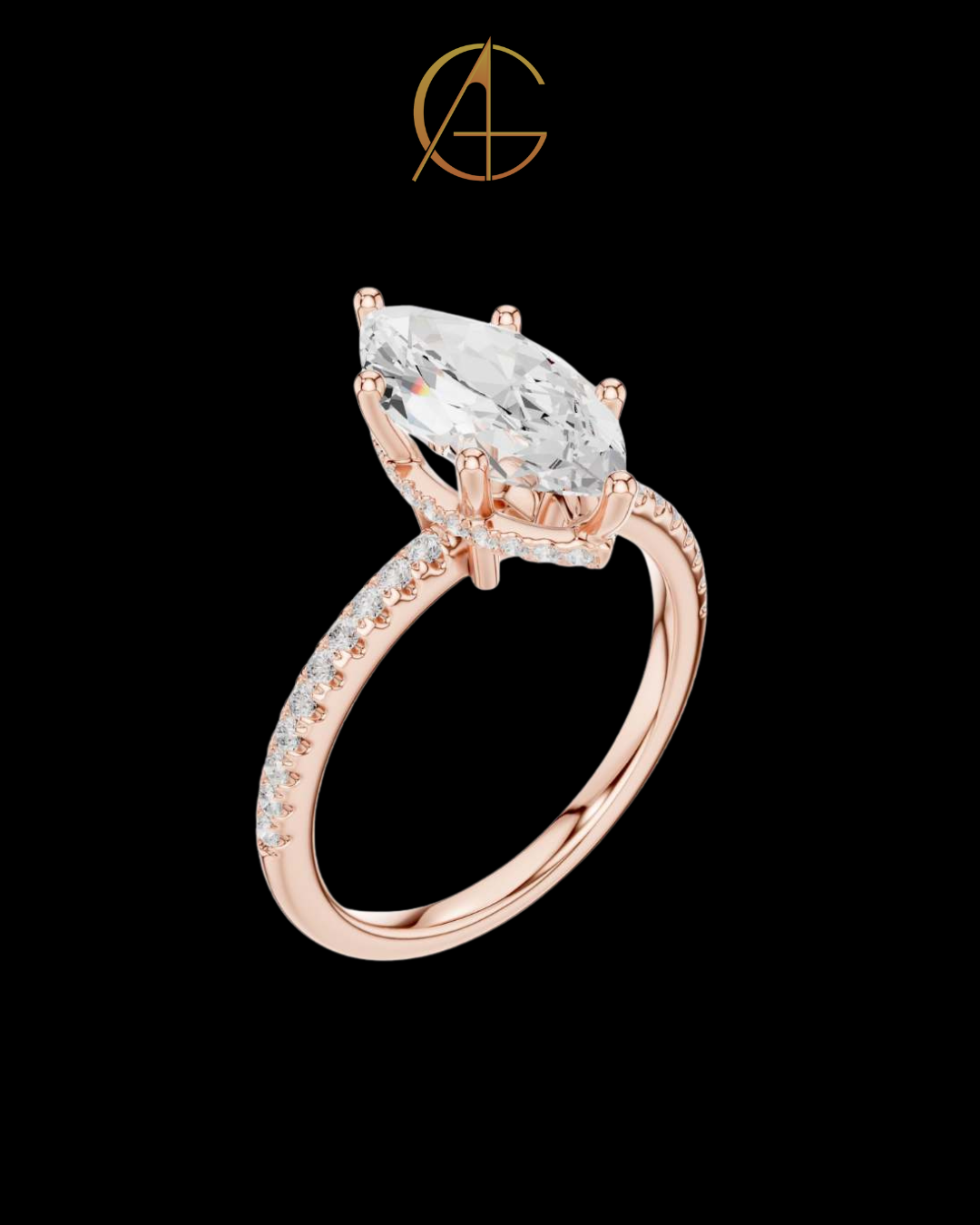 2.00 CT Elegant Marquise Cut Moissanite Diamond Solitaire Ring with Pave Set Gold Band