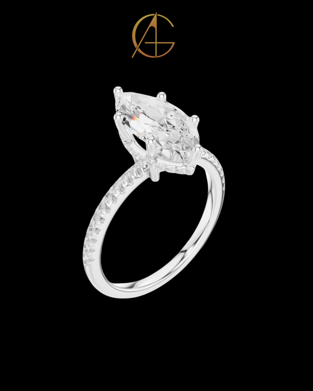 2.00 CT Elegant Marquise Cut Moissanite Diamond Solitaire Ring with Pave Set Gold Band