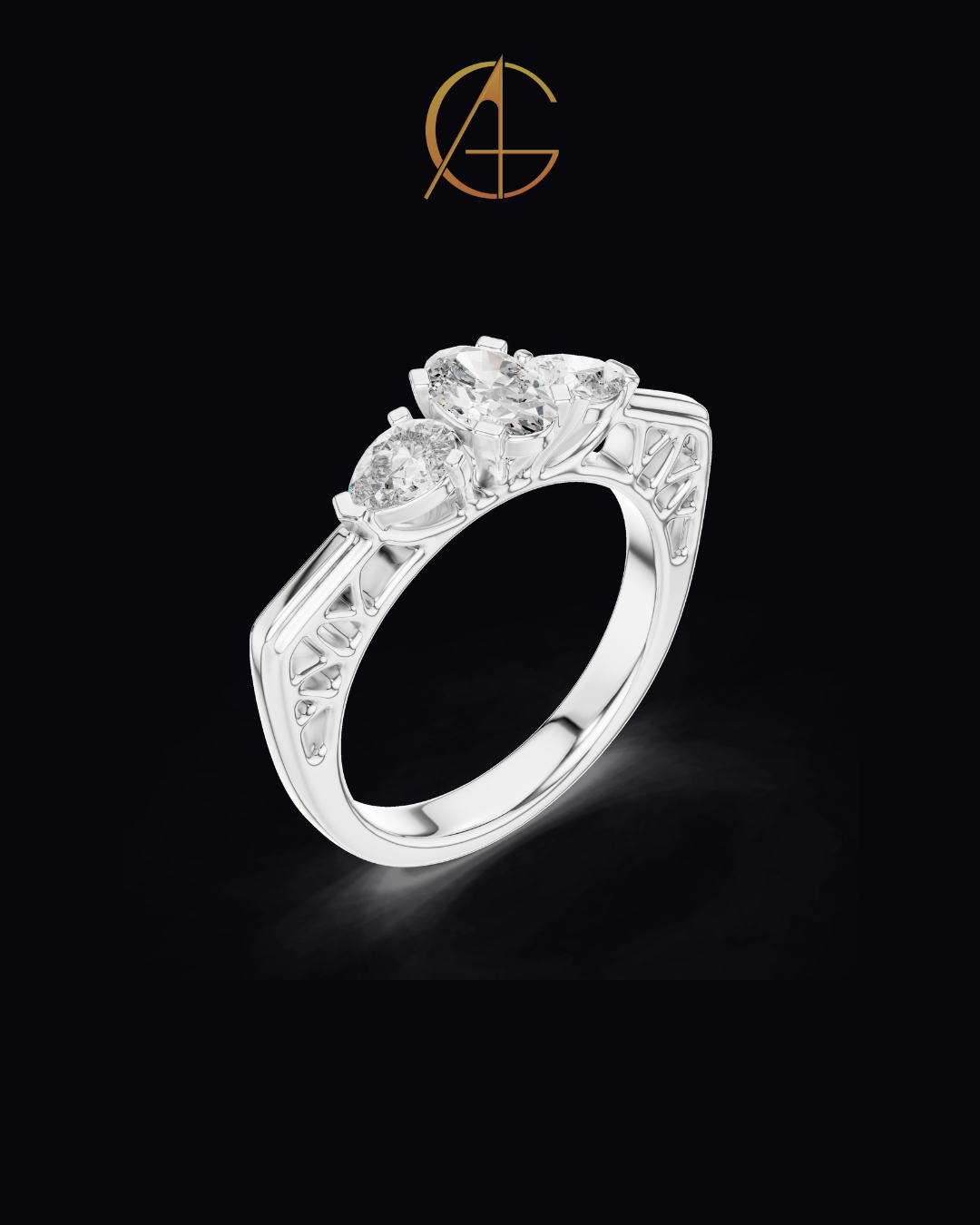 0.50 CT Regal Bloom Oval Cut Moissanite Diamond Ring with Pear Accents and Ornamental