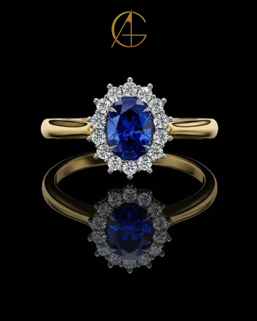 0.45 CT Fancy Vivid Blue Oval Ring with Brilliant Moissanite Diamond Inspired Halo Accent