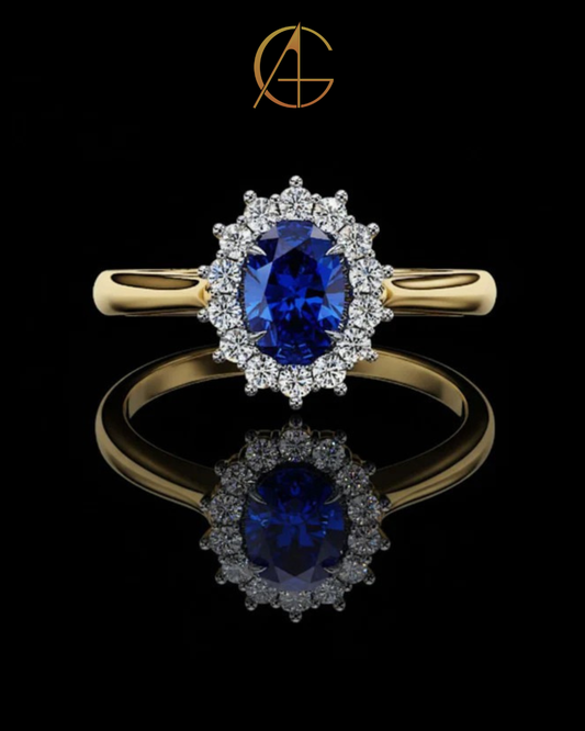 0.45 CT Fancy Vivid Blue Oval Ring with Brilliant Moissanite Diamond Inspired Halo Accent