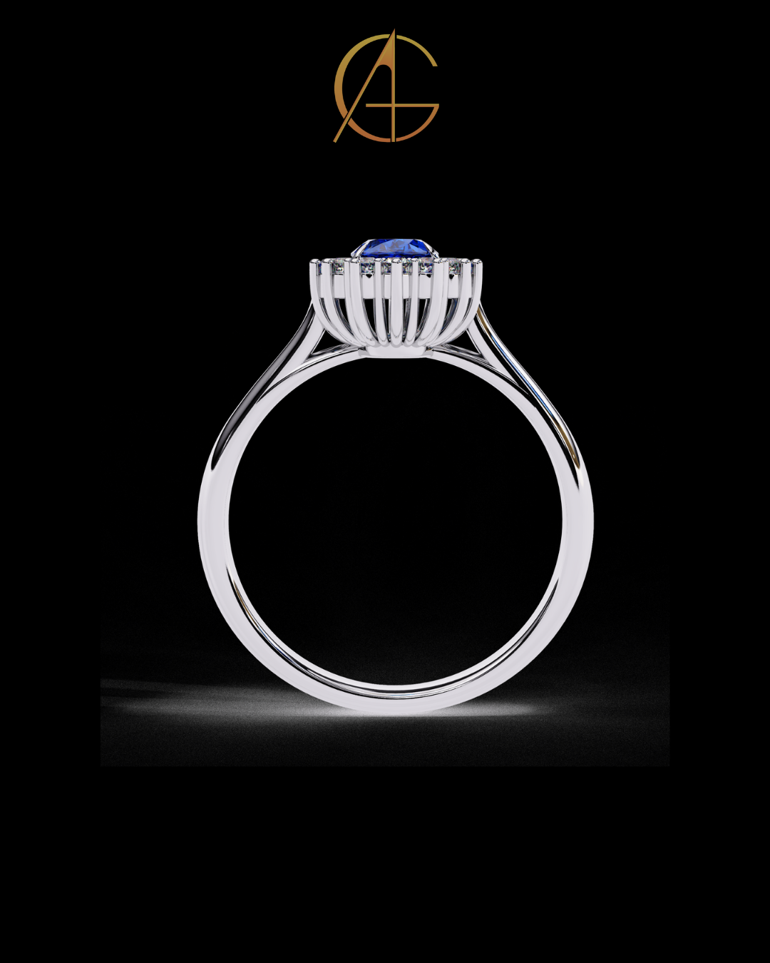 0.45 CT Fancy Vivid Blue Oval Ring with Brilliant Moissanite Diamond Inspired Halo Accent