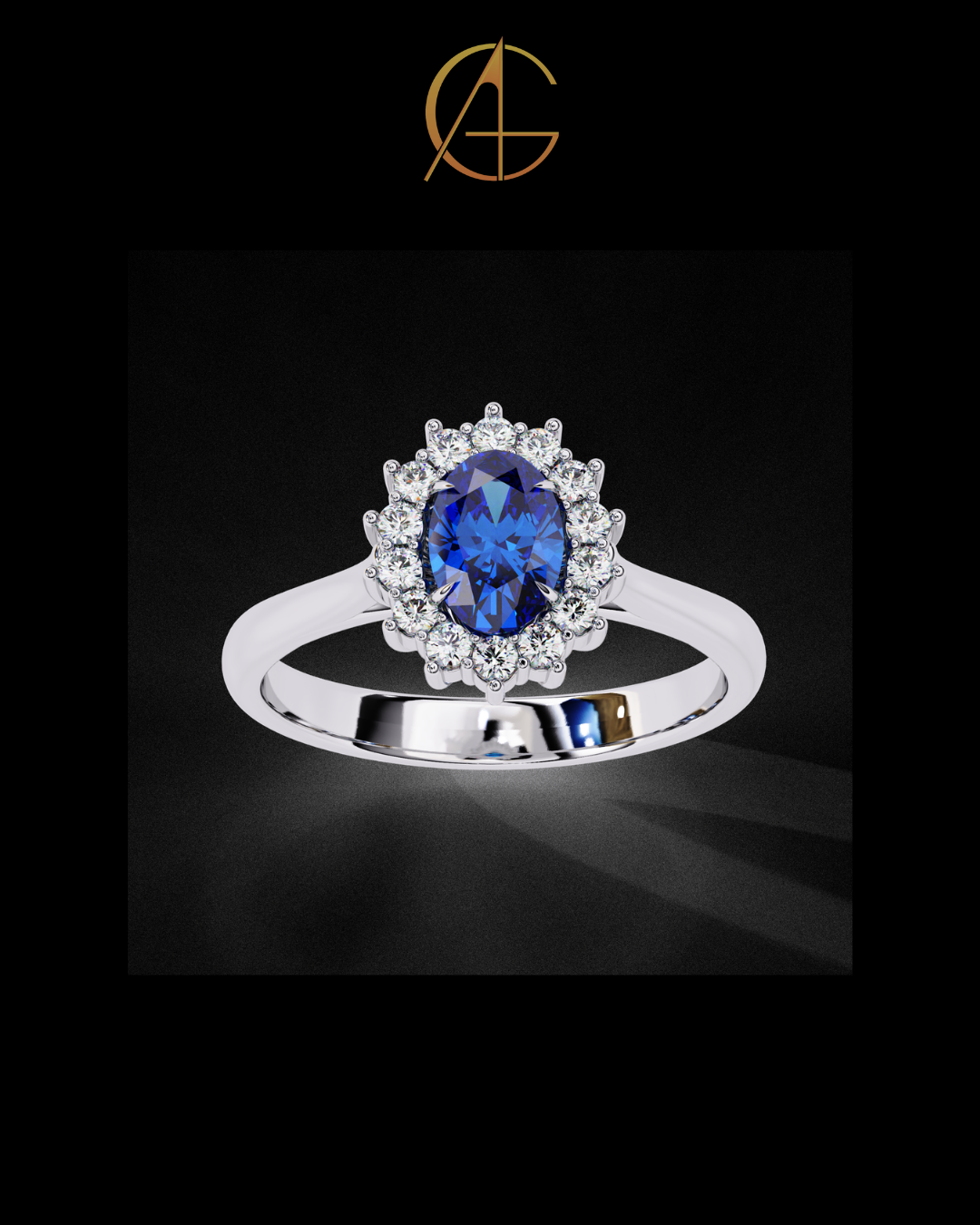 0.45 CT Fancy Vivid Blue Oval Ring with Brilliant Moissanite Diamond Inspired Halo Accent