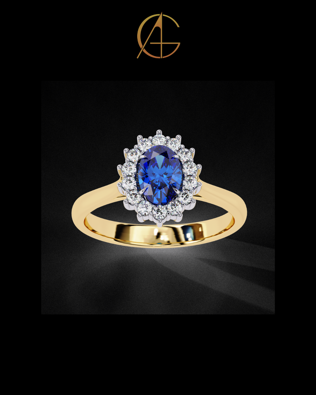0.45 CT Fancy Vivid Blue Oval Ring with Brilliant Moissanite Diamond Inspired Halo Accent