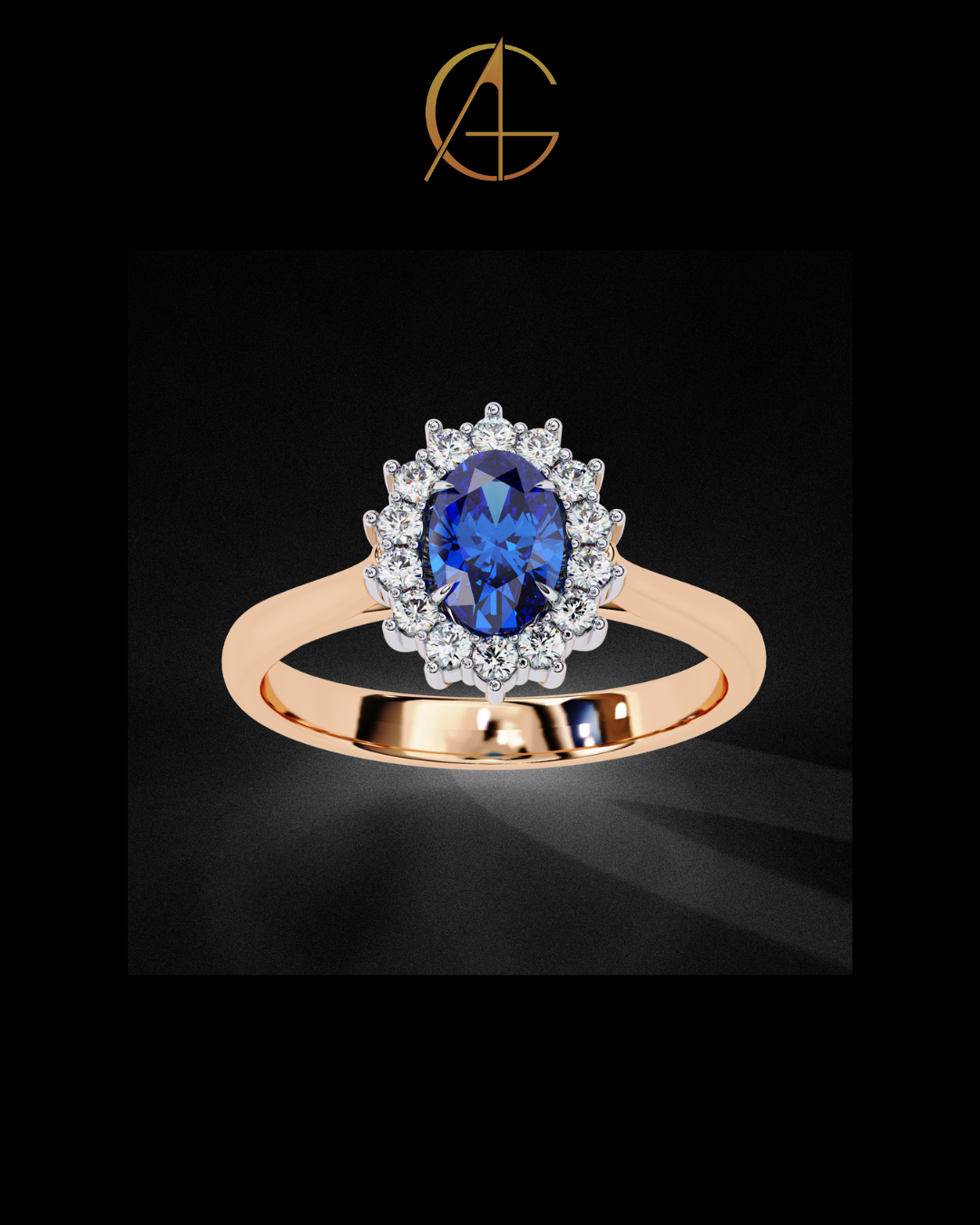 0.45 CT Fancy Vivid Blue Oval Ring with Brilliant Moissanite Diamond Inspired Halo Accent