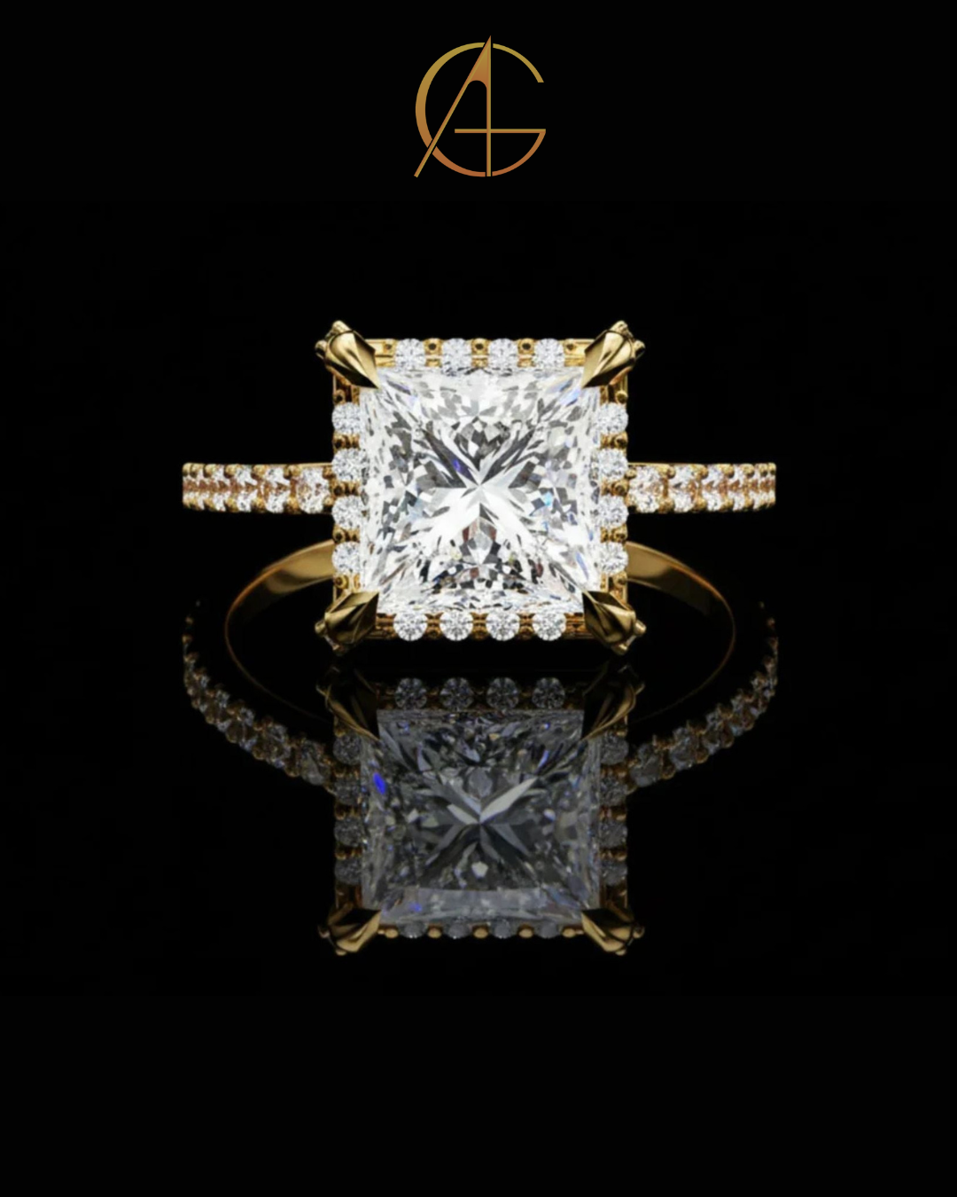 2.03 CT Princess Cut Moissanite Diamond Halo Engagement Ring Luxury Pave Band By Auren Gems