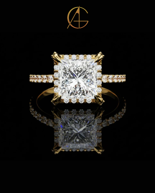 2.03 CT Princess Cut Moissanite Diamond Halo Engagement Ring Luxury Pave Band By Auren Gems