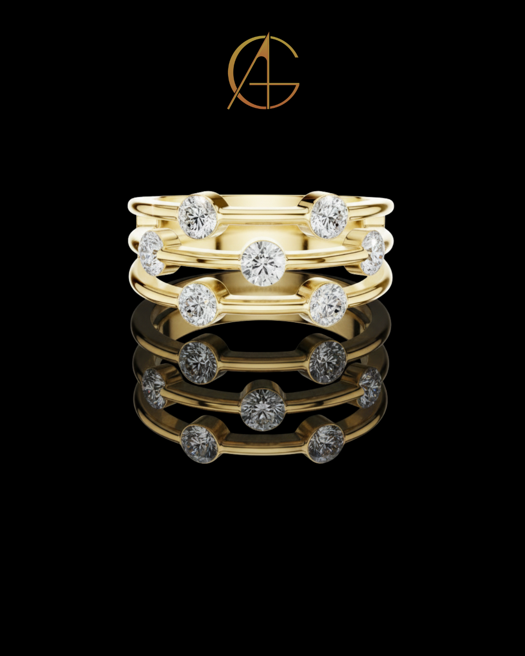 1.07 TCW Radiant Constellation Horizon Triple Row Bezel Set Moissanite Diamond Ring in Polished Gold
