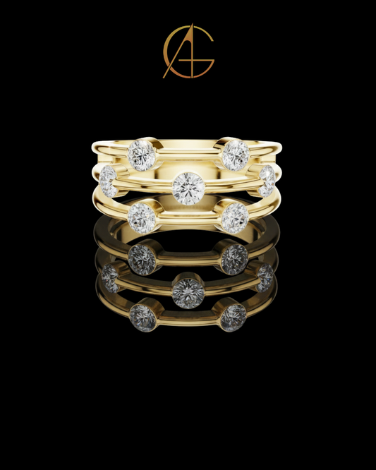 1.07 TCW Radiant Constellation Horizon Triple Row Bezel Set Moissanite Diamond Ring in Polished Gold