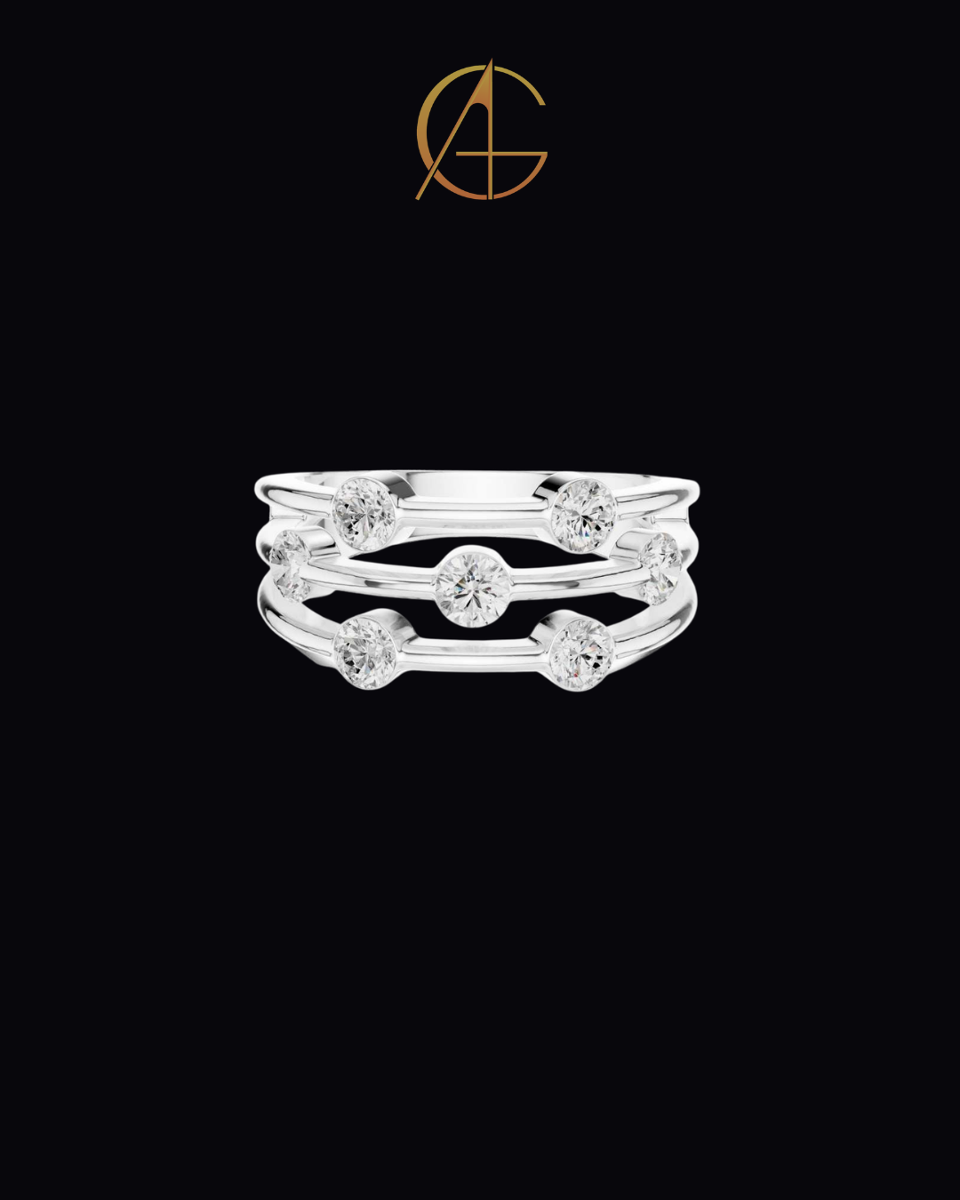 1.07 TCW Radiant Constellation Horizon Triple Row Bezel Set Moissanite Diamond Ring in Polished Gold