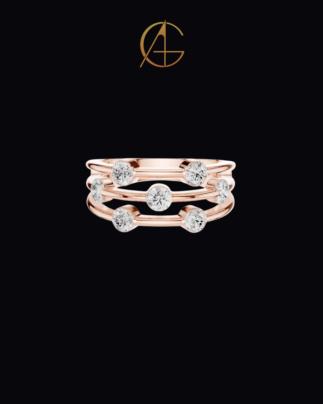 1.07 TCW Radiant Constellation Horizon Triple Row Bezel Set Moissanite Diamond Ring in Polished Gold
