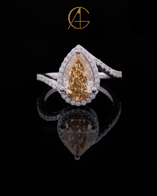 3.02 CT Luxurious Fancy Vivid Yellow Pear Cut Moissanite Diamond Ring in Silver By Auren Gems