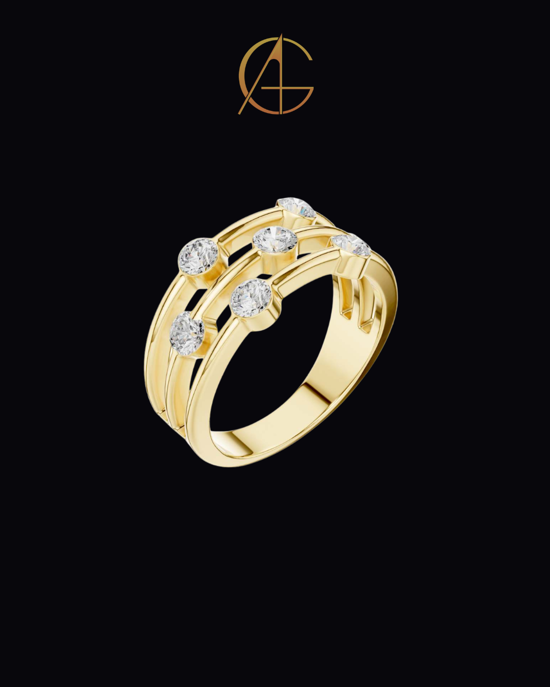 1.07 TCW Radiant Constellation Horizon Triple Row Bezel Set Moissanite Diamond Ring in Polished Gold