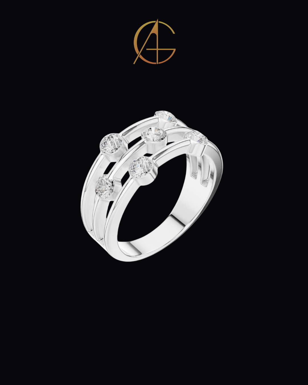 1.07 TCW Radiant Constellation Horizon Triple Row Bezel Set Moissanite Diamond Ring in Polished Gold