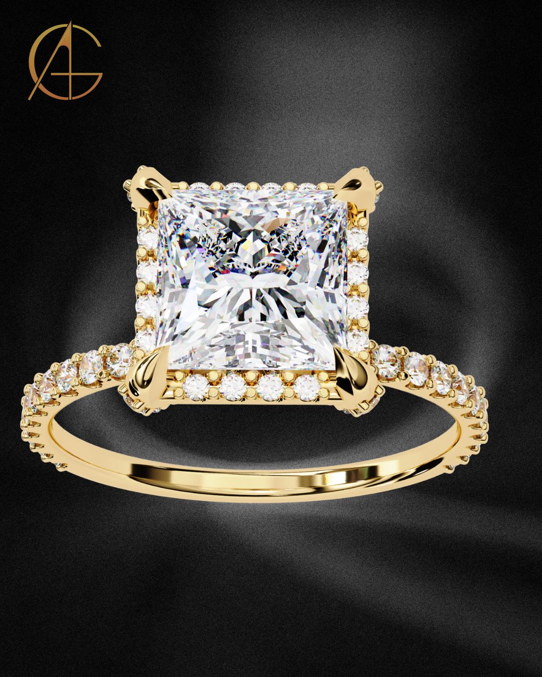 2.03 CT Princess Cut Moissanite Diamond Halo Engagement Ring Luxury Pave Band By Auren Gems