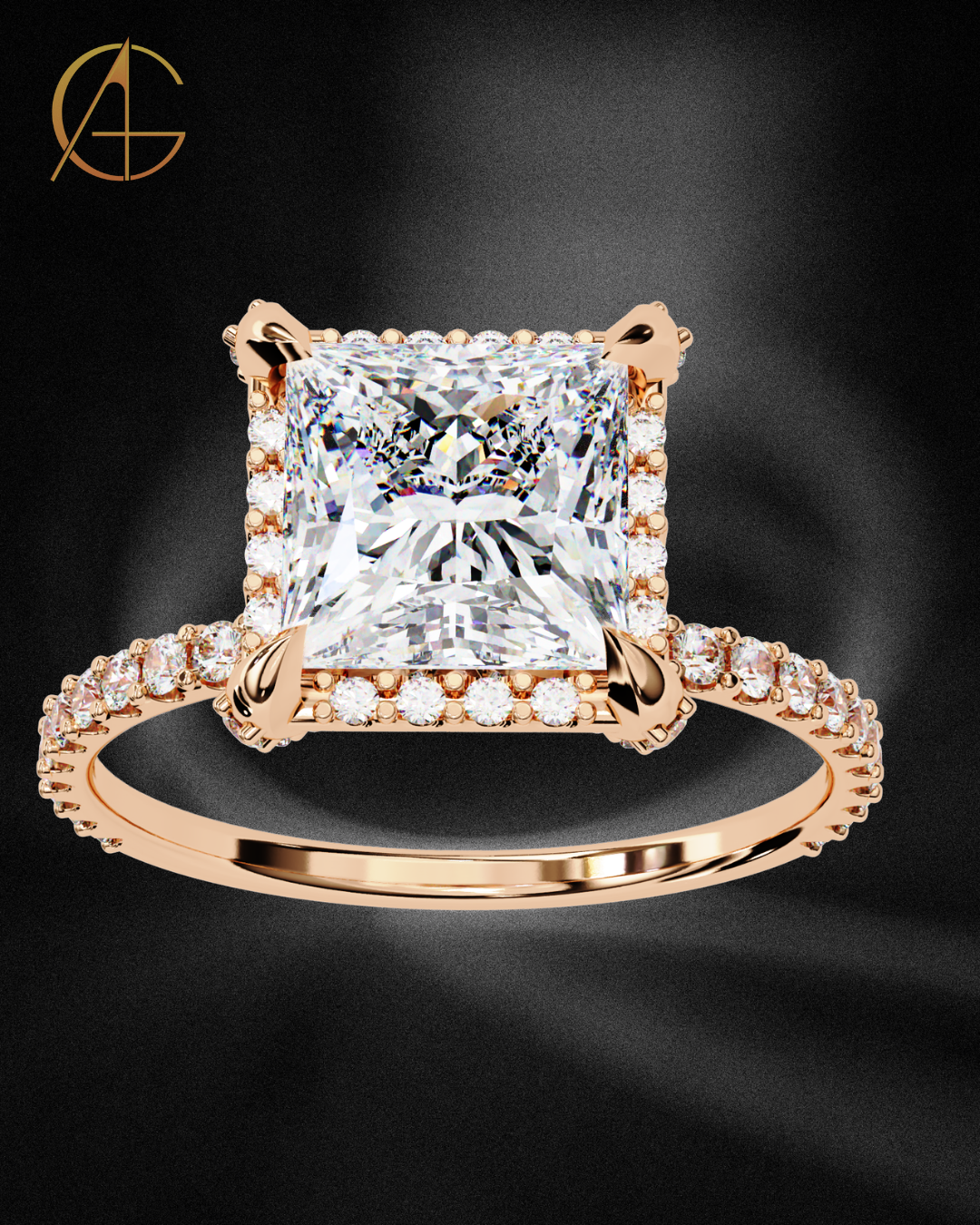 2.03 CT Princess Cut Moissanite Diamond Halo Engagement Ring Luxury Pave Band By Auren Gems