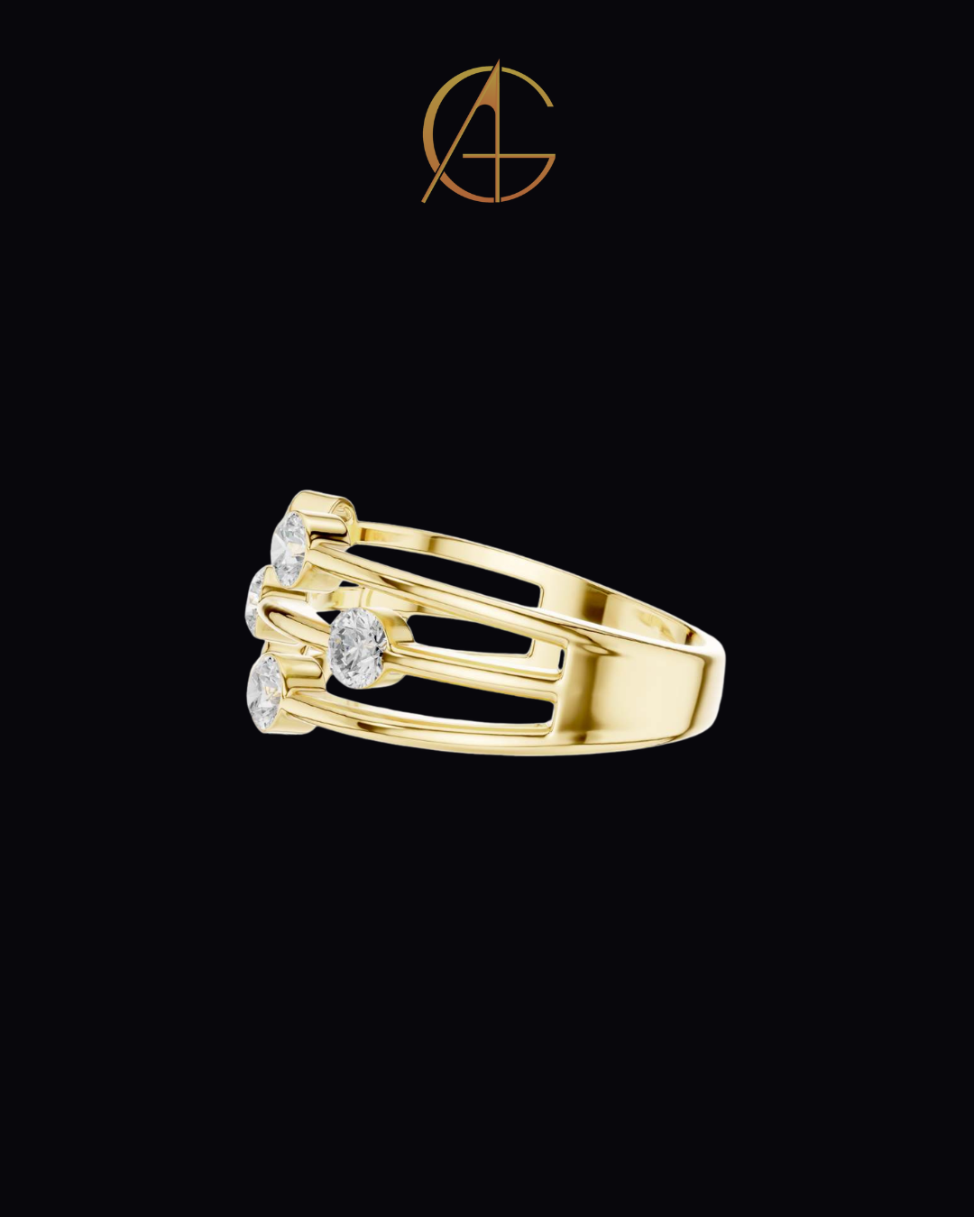 1.07 TCW Radiant Constellation Horizon Triple Row Bezel Set Moissanite Diamond Ring in Polished Gold