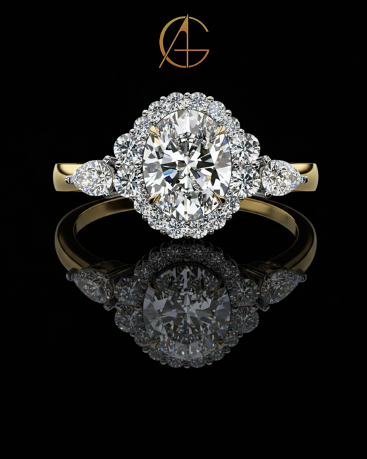 1.08 CT Graceful Oval Cut Moissanite Diamond Halo Engagement Ring with Side Pear Stones Anniversary Gift