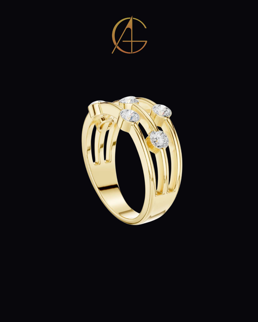 1.07 TCW Radiant Constellation Horizon Triple Row Bezel Set Moissanite Diamond Ring in Polished Gold