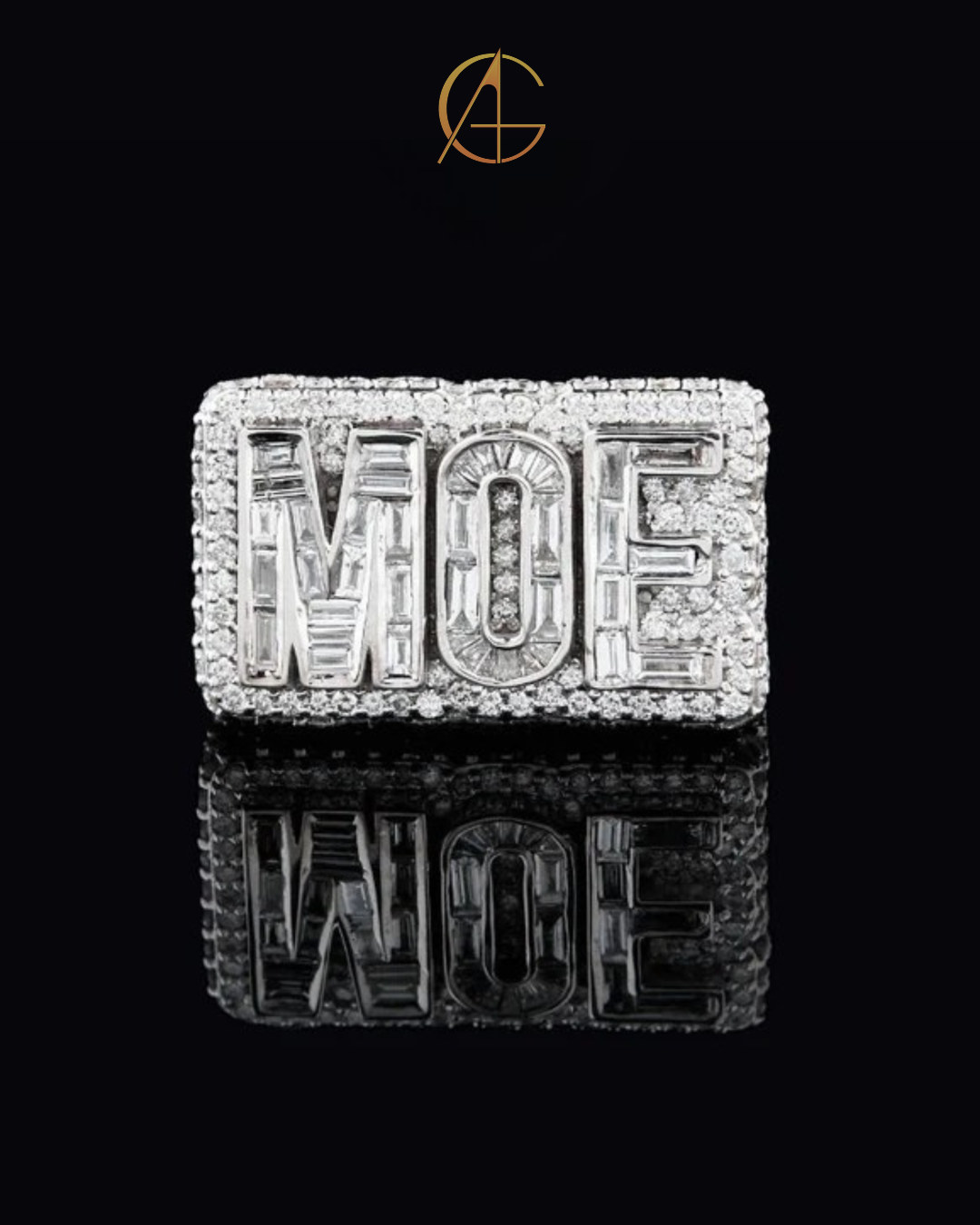 4.08 TCW Exclusive MOE Initials Moissanite Diamond-Studded Rectangular Statement Ring with Pavé Halo Detailing