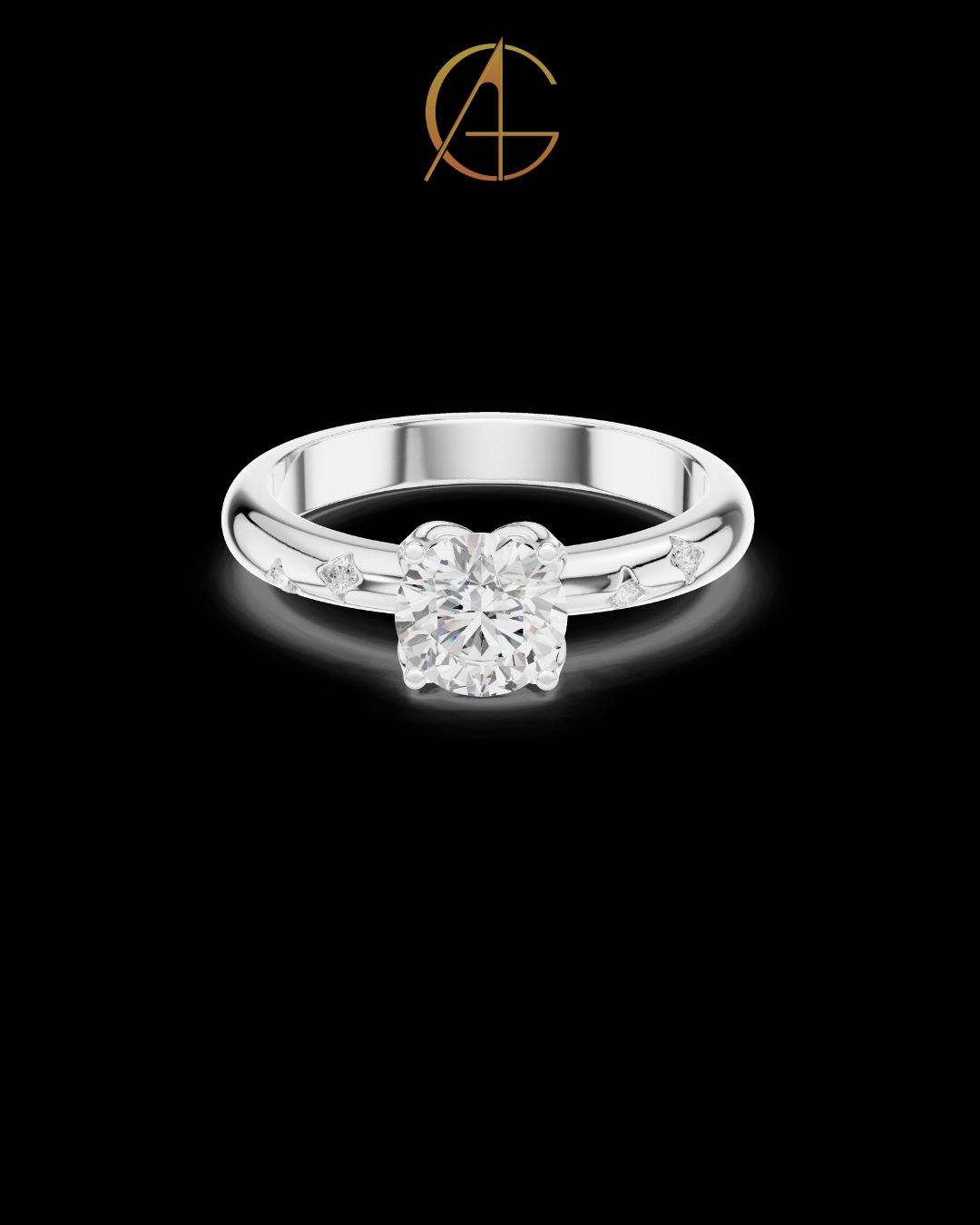 0.89 TCW Modern Round Cut Moissanite Solitaire Diamond Ring with Accent Stones