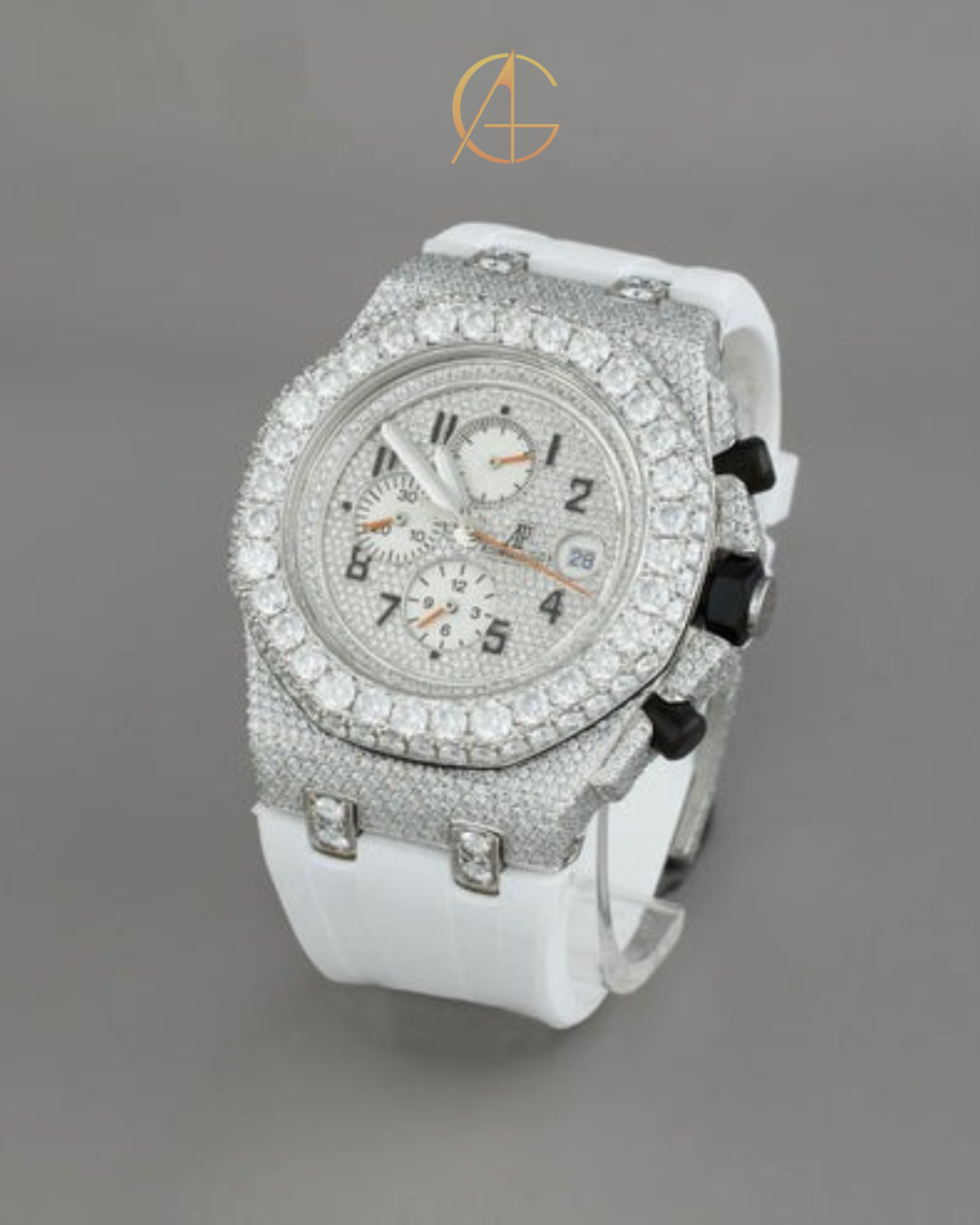 White Rubbur band With half Ice Out in Moissonite Diamond by Auren Gems