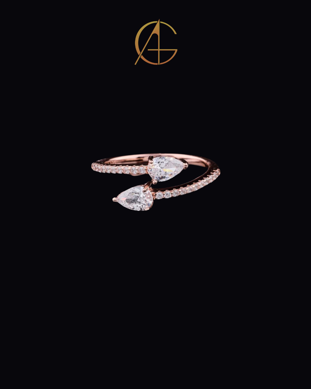 0.50 CT Sparkling Rose Gold Moissanite Diamond Ring with Twin Pear-Shaped Sparkling Stones and Pave Diamond Band