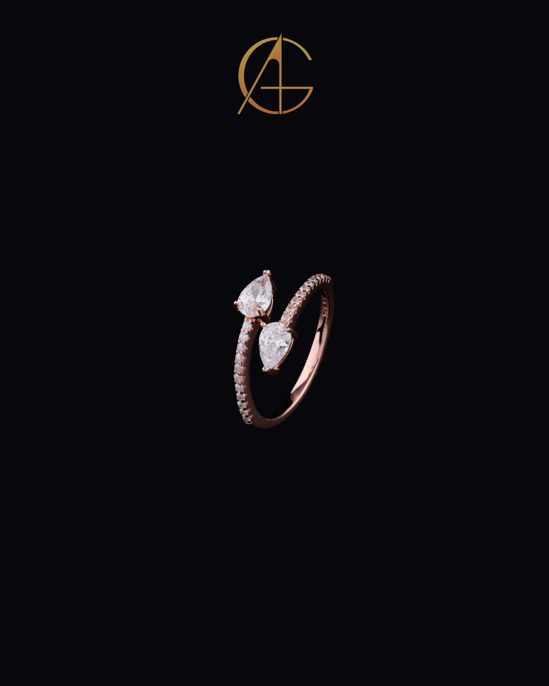 0.50 CT Sparkling Rose Gold Moissanite Diamond Ring with Twin Pear-Shaped Sparkling Stones and Pave Diamond Band