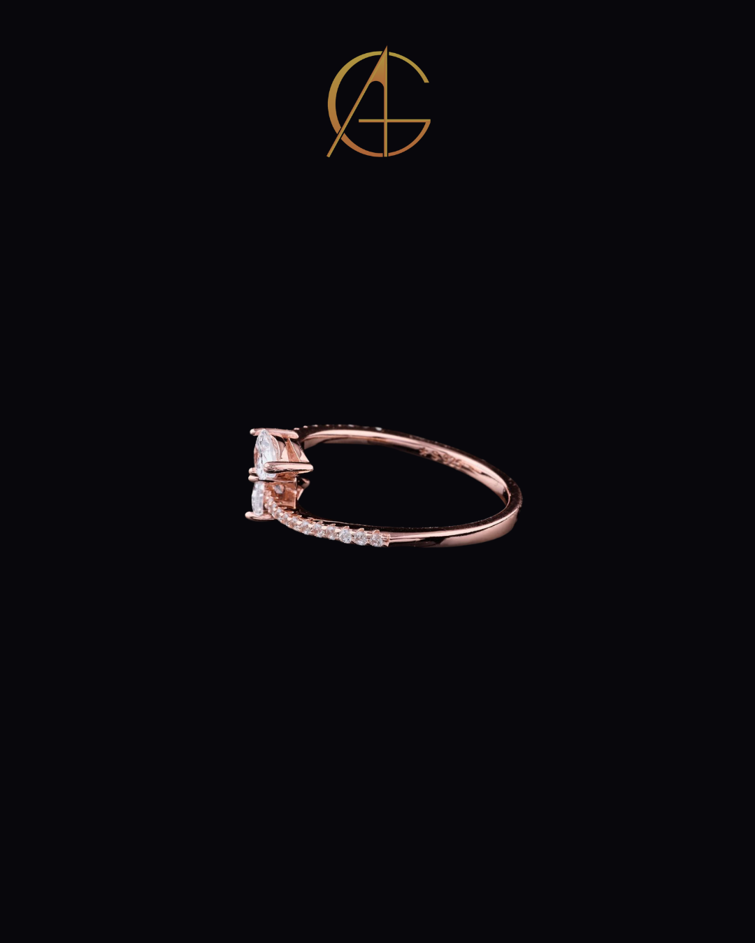 0.50 CT Sparkling Rose Gold Moissanite Diamond Ring with Twin Pear-Shaped Sparkling Stones and Pave Diamond Band