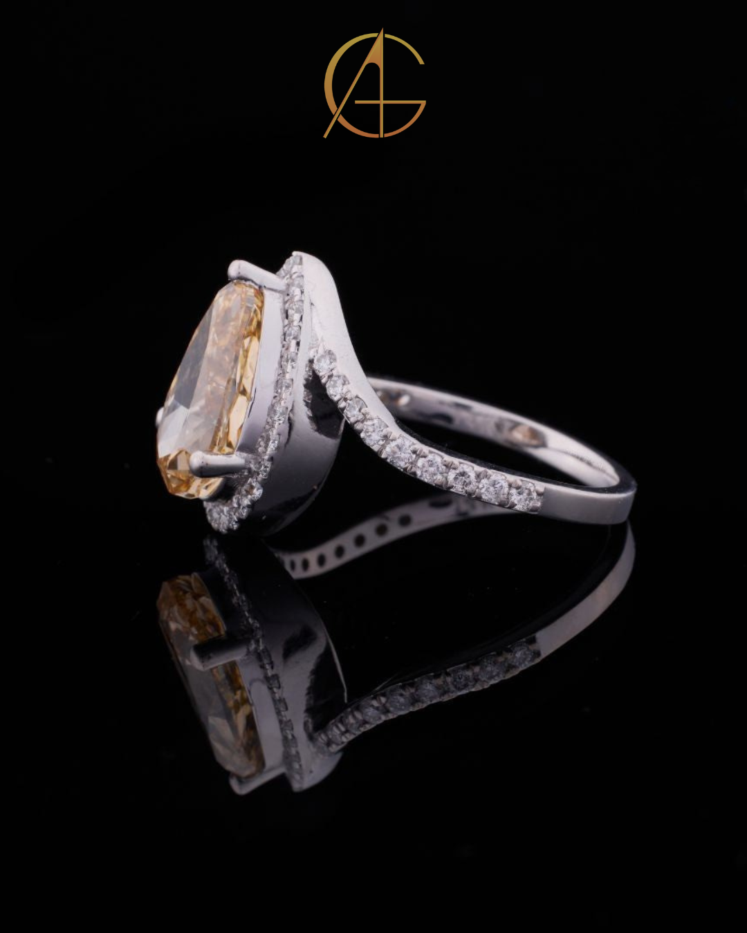 3.02 CT Luxurious Fancy Vivid Yellow Pear Cut Moissanite Diamond Ring in Silver By Auren Gems