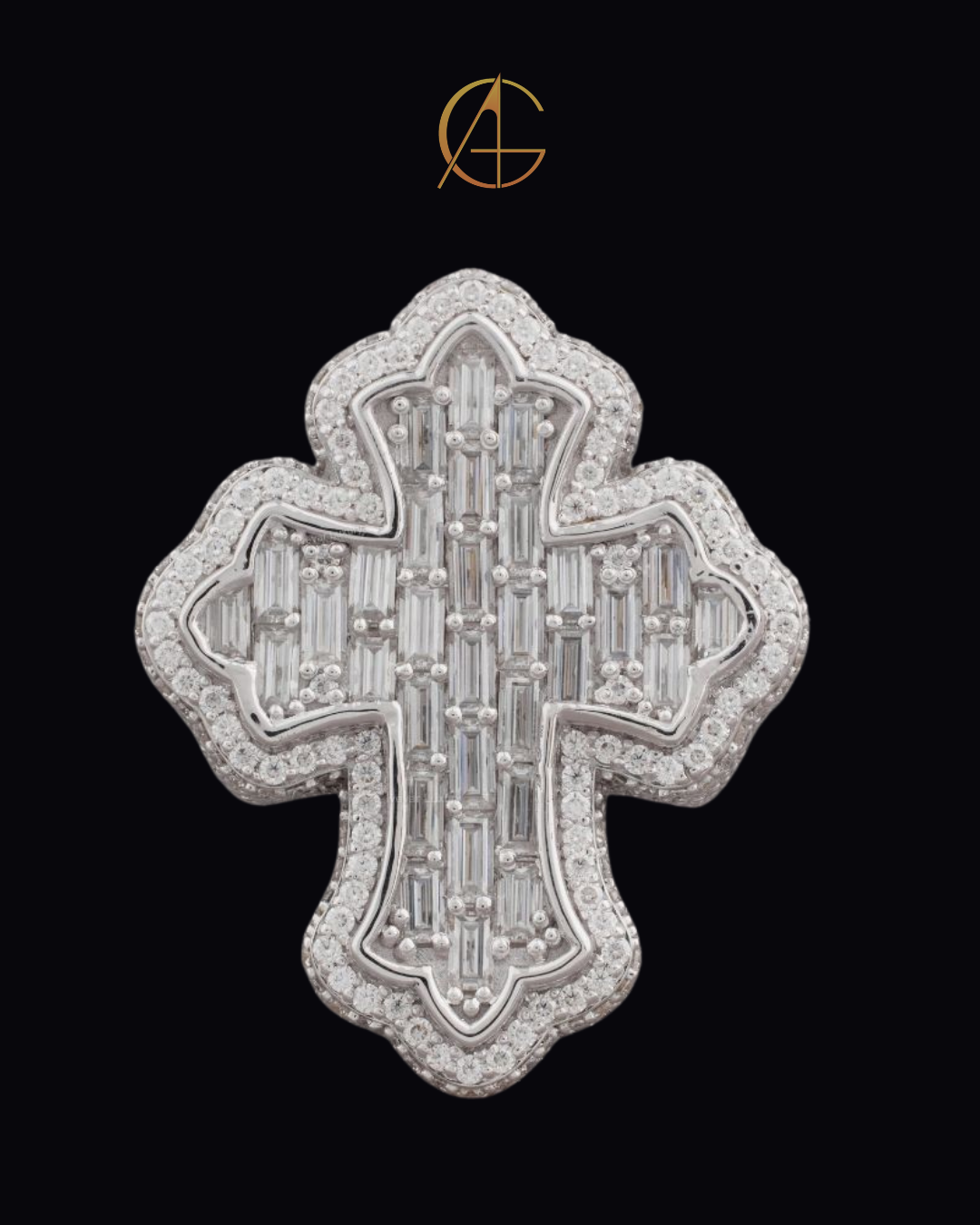 1.70 CT Intricately Crafted Baguette Moissanite Diamond Cross Pendant with Sparkling Pave Halo Detailing