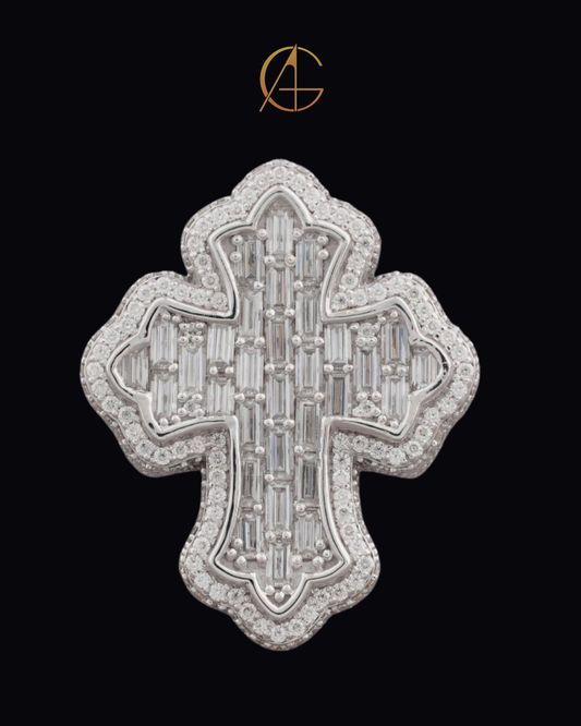 1.70 CT Intricately Crafted Baguette Moissanite Diamond Cross Pendant with Sparkling Pave Halo Detailing