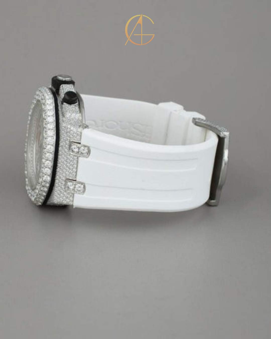 White Rubbur band With half Ice Out in Moissonite Diamond by Auren Gems