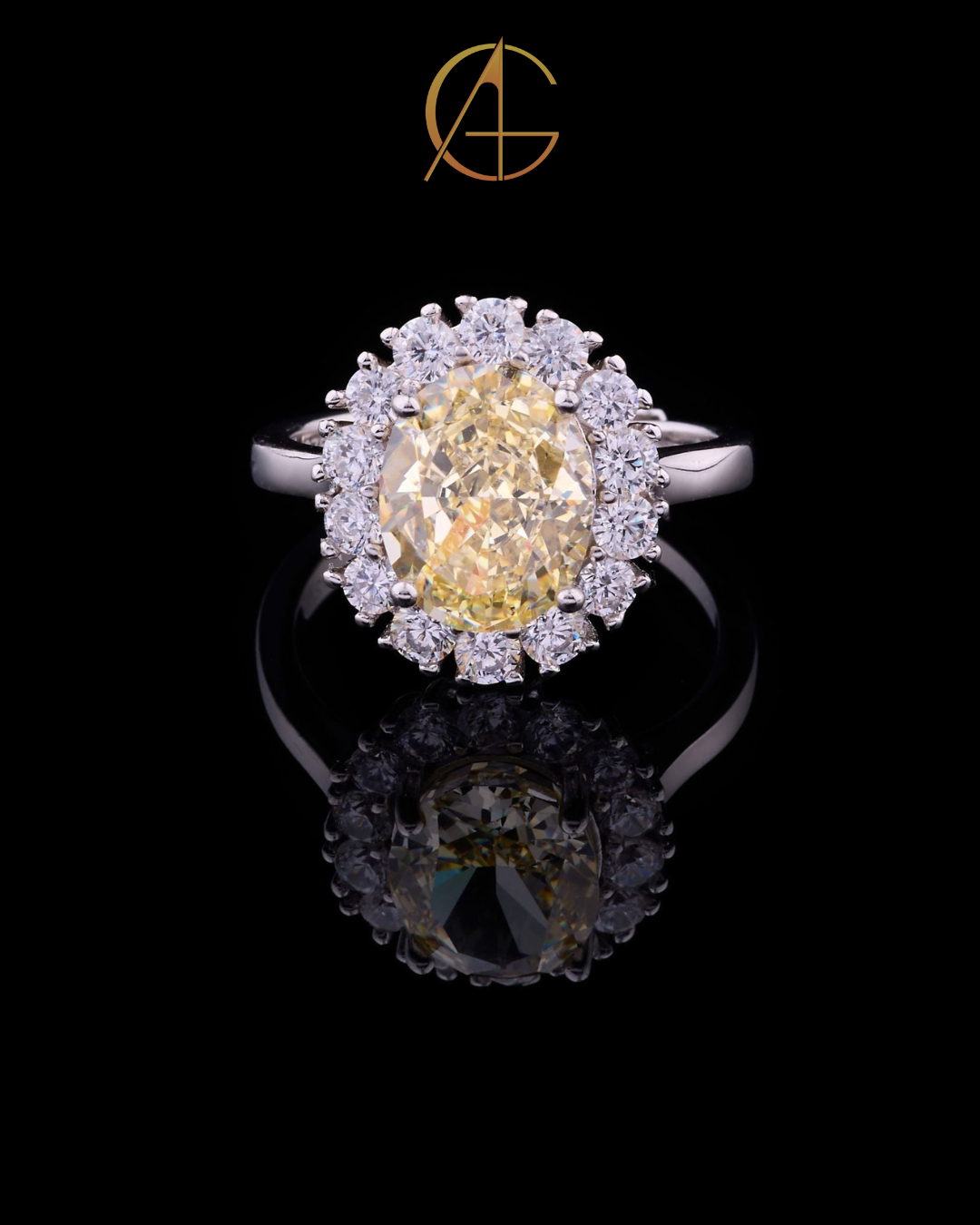 1.25 CT Magnificent Oval Fancy Yellow Moissanite Diamond Halo Ring Surrounded by Brilliant Round Diamonds