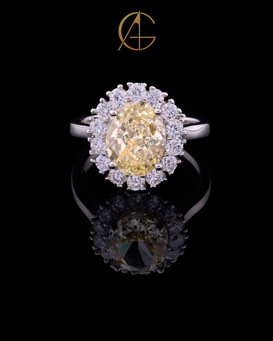 1.25 CT Magnificent Oval Fancy Yellow Moissanite Diamond Halo Ring Surrounded by Brilliant Round Diamonds