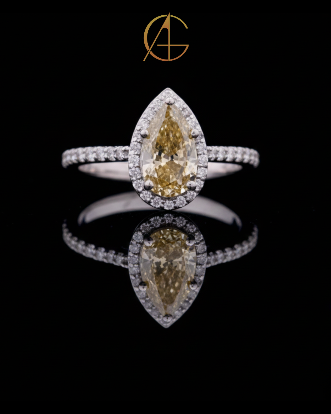 2.00 CT Dazzling Pear Shaped Fancy Vivid Yellow Moissanite Diamond Ring Framed by a Brilliant Diamond