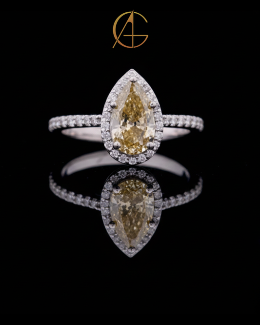 2.00 CT Dazzling Pear Shaped Fancy Vivid Yellow Moissanite Diamond Ring Framed by a Brilliant Diamond