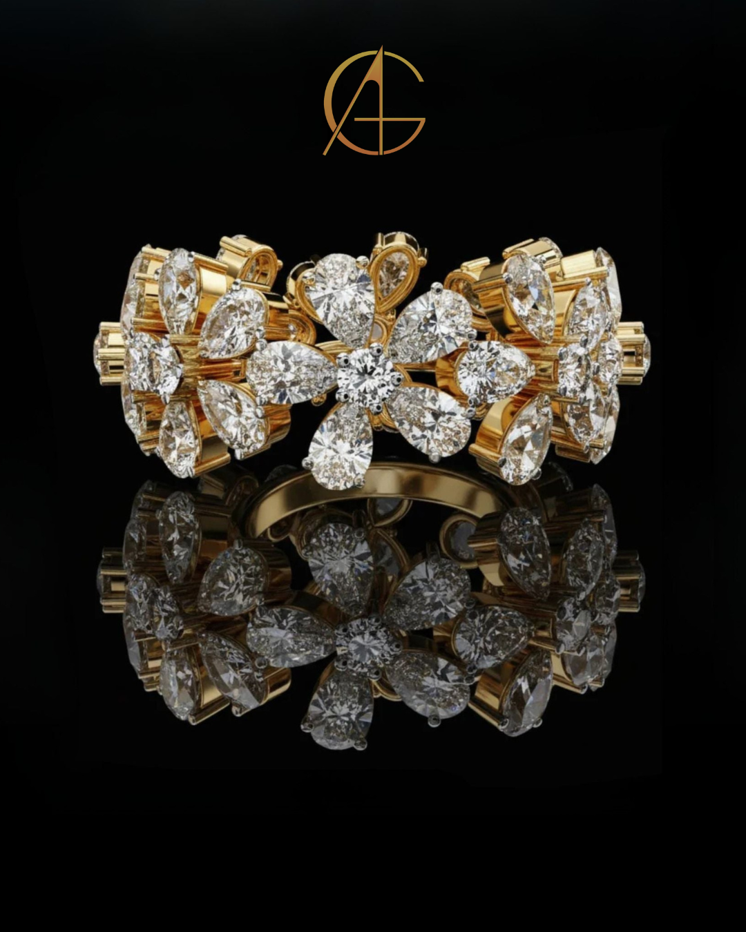 4.17 CT Luxury Floral Ring in Moissanite Diamond Bold Cocktail Jewelry with Pear-Cut Stones for Women